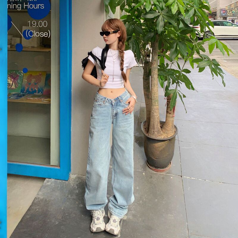2025 Autumn New Retro Low Waist Hot Girl Straight-Leg Pants V-Shaped Waist Easiest for Match Slimming Jeans Women Jeans