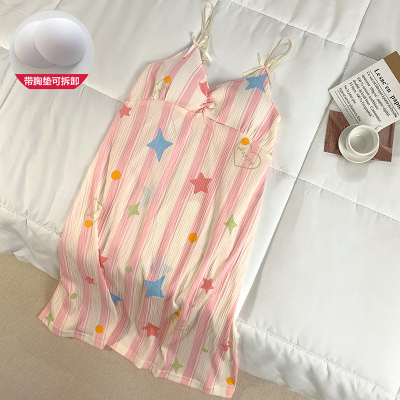 Con almohadilla para el pecho, camisón para el hogar, falda media para mujer, linda estrella a rayas, dulce casual, verano nuevo camisón fino al por mayor