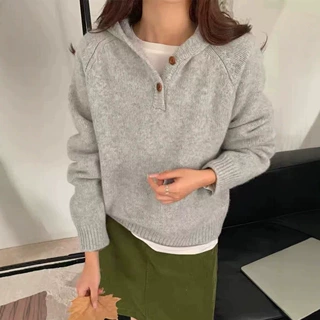 慵懒风连帽山羊绒衫女纽扣针织秋冬新款软糯宽松套头带帽毛衣百搭