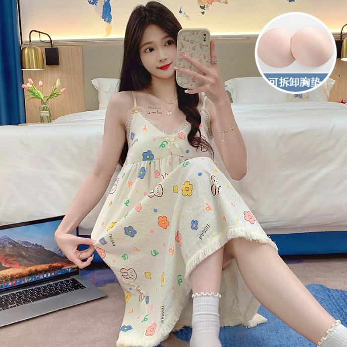 Pijamas de verano de niña cabina larga falda cojín de pecho camiseta ropa casera nubes de algodón dulce ropa casera