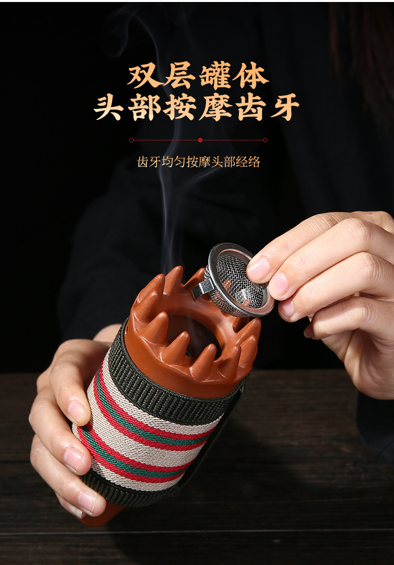 Purple Clay Moxibustion Jar Handheld Head Therapy Cup with Gua Sha Massage and Cloth Sleeve 5.5x15x2cm key features