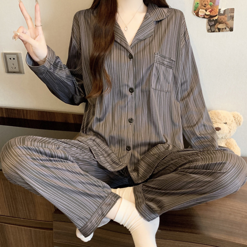 Light Luxury Fashion Neutral Style Casual Ins Style Women's Striped Pajamas Home Clothes Simple Long-Sleeved Pants Suit Wholesale Light Luxury Fashion Neutral Style Casual Ins Style Women's Striped Pajamas Home Clothes Simple Long-Sleeved Pants Suit Wholesale