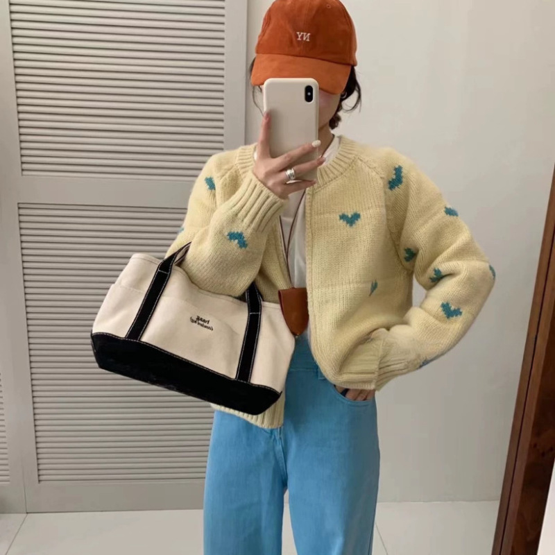 韩系新款爱心提花双拉链学院风时尚圆领毛衣女针织开衫女秋冬外套|undefined