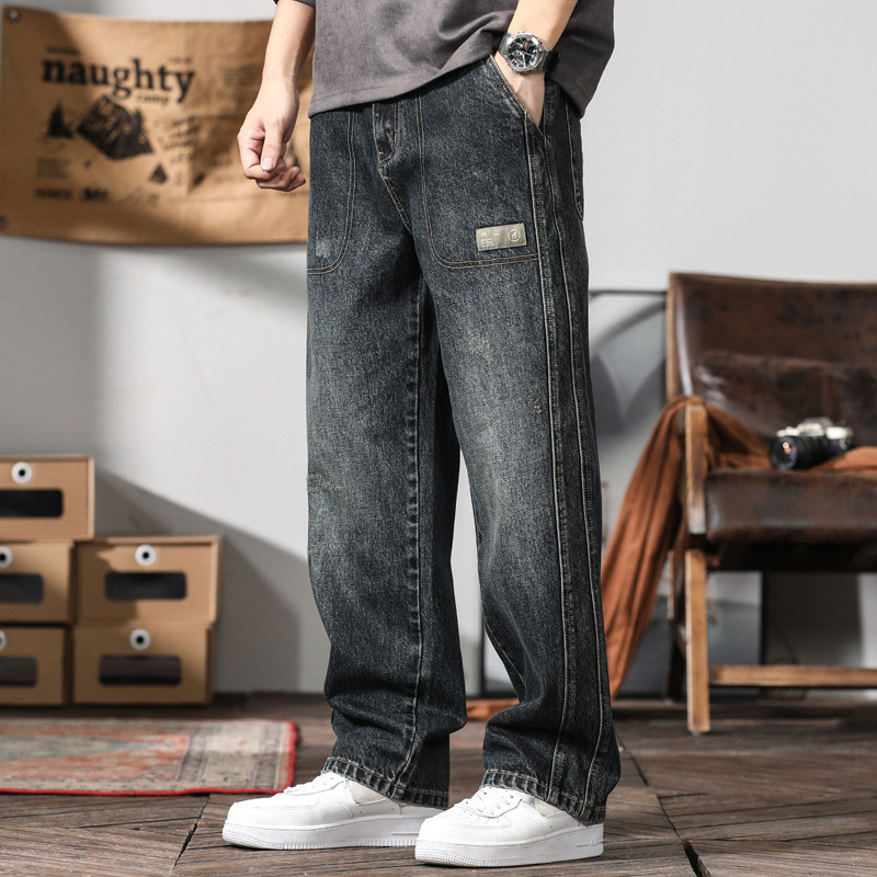 American Retro Workwear Jeans Men's Straight Loose Washed Distressed Casual Pants Men's Spring and Autumn Tactical Pants