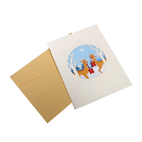 Cross-border Christmas 3D stereoscopic greeting card, new color printed Christmas reindeer paper cutting 3D greeting card, blessing card wholesale