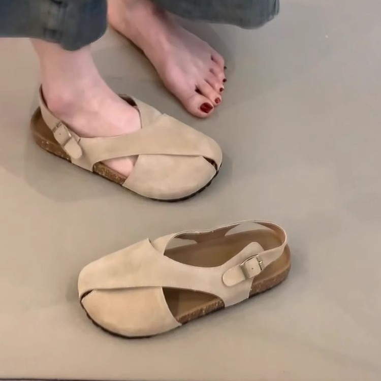 Versión de piel de oveja ~ Nuevas sandalias planas de cuero esmerilado de punta redonda con hebilla de una palabra para mujer