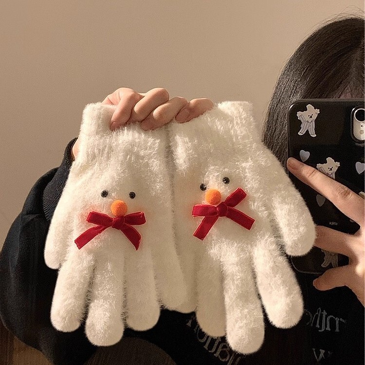 可爱蝴蝶结雪人毛绒针织五指手套女冬季保暖加绒加厚骑行防寒防风|undefined