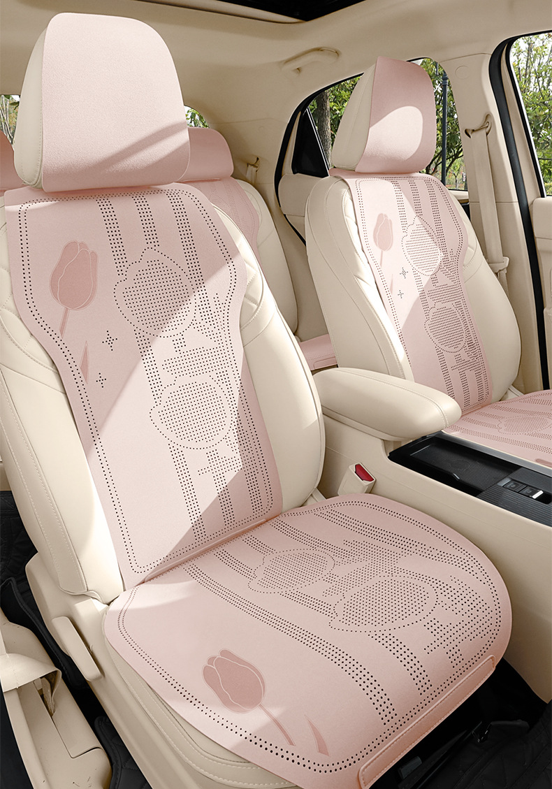 26 New Tulip Car Seat Cushions, Ice Silk, Cute and Comfortable, Suitable for All Seasons, Cartoon Design, Breathable, with Faux Fur Cover