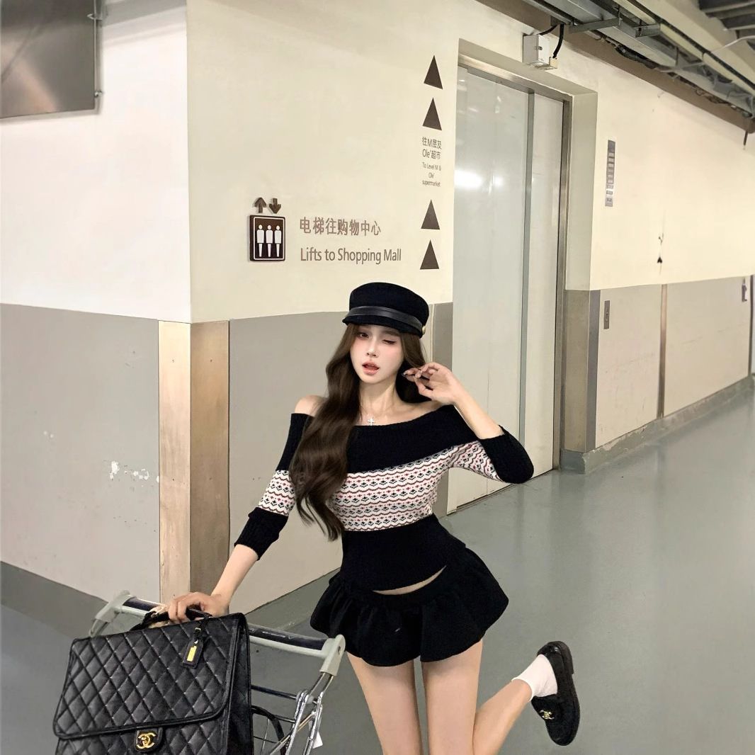 2024 빈티지 콘트라스트 스티칭 자카드 오프 숄더 스웨터 여성의 겨울 핫 걸 짧은 스트레치 니트 탑
