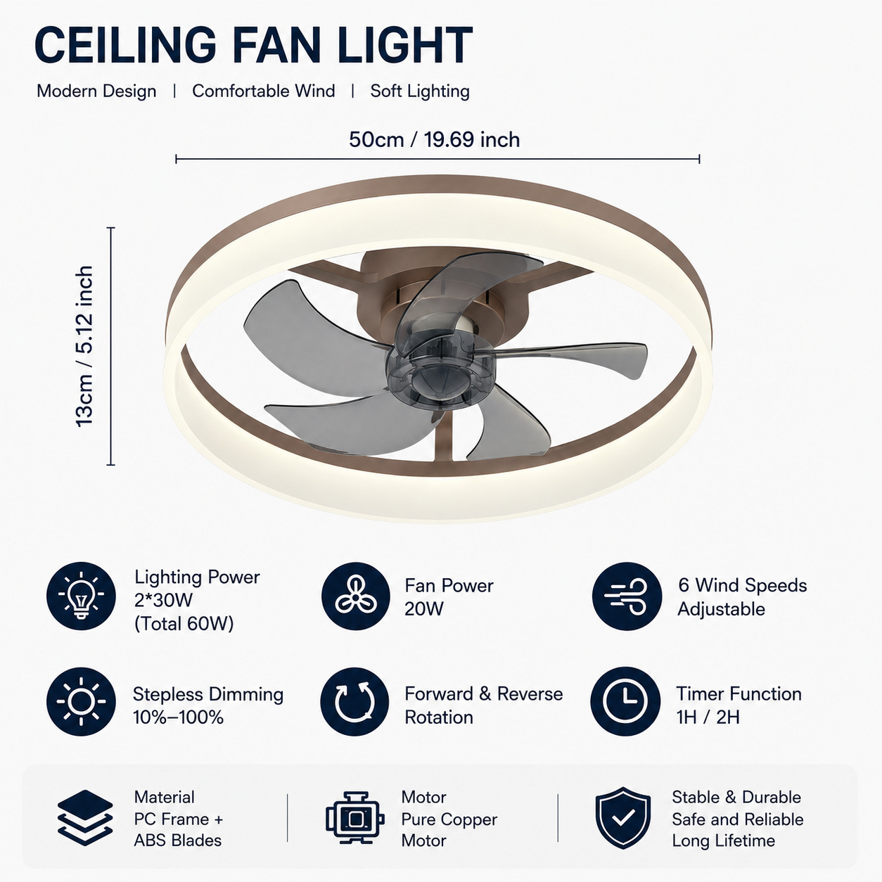 Ventilador de Techo con Luz de Acrílico y ABS, Control Remoto, Control por App, para Dormitorio y Comedor