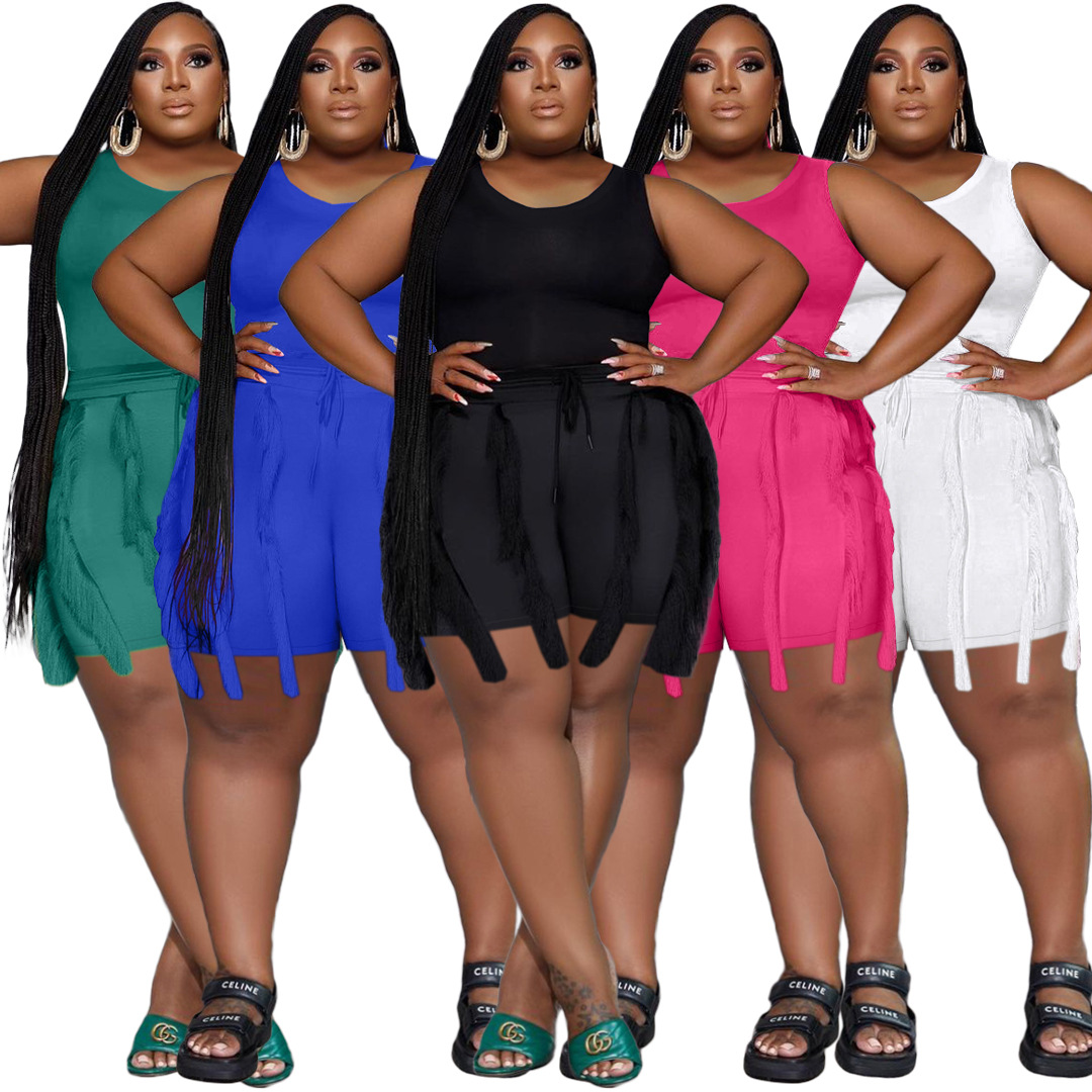 Women's Clothing Two-piece Set with Tassel Shorts, Sleeveless Casual Suit, Sports Large Size Two-piece Set_voghion.com