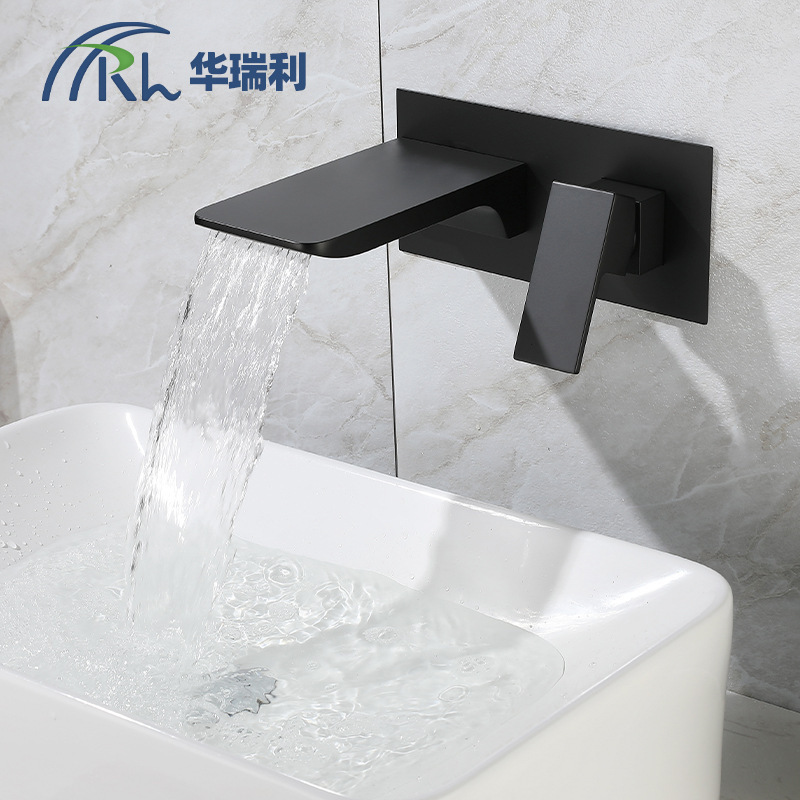 All-copper waterfall concealed wall-mounted basin faucet Black hot and cold face washing counter basin embedded bathtub faucet