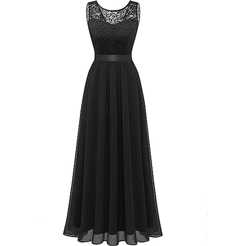 Lace Stitching Large Swing Chiffon Long Dress Amazon AliExpress Dress Sleeveless Round Neck Dinner Dress