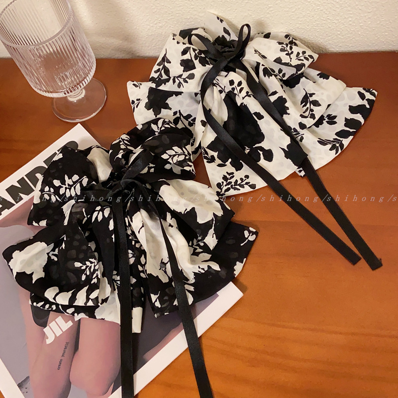 Clip floreale francese in bianco e nero, nuovo nastro con fiocco a nuvola, cucchiaio posteriore, presa versatile, accessorio per capelli alla moda_voghion.com