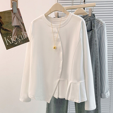 新款韩版设计感下摆荷叶边秋季女装胖mm显瘦遮肉不规则长袖T恤女