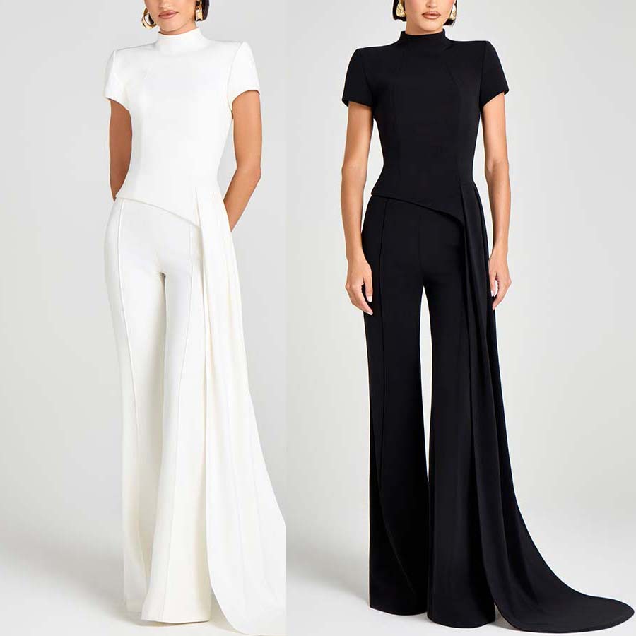 跨境2025欧美秋冬新款短袖高领时尚套装 INS休闲聚会长裤两件套女