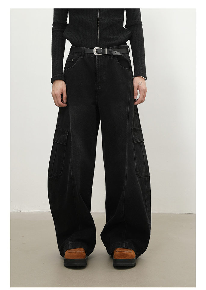 Quần jean nam ống rộng baggy phong cách retro Mỹ, nhiều túi khóa kéo, lưng giữa eo — màu xám đen chi tiết 4