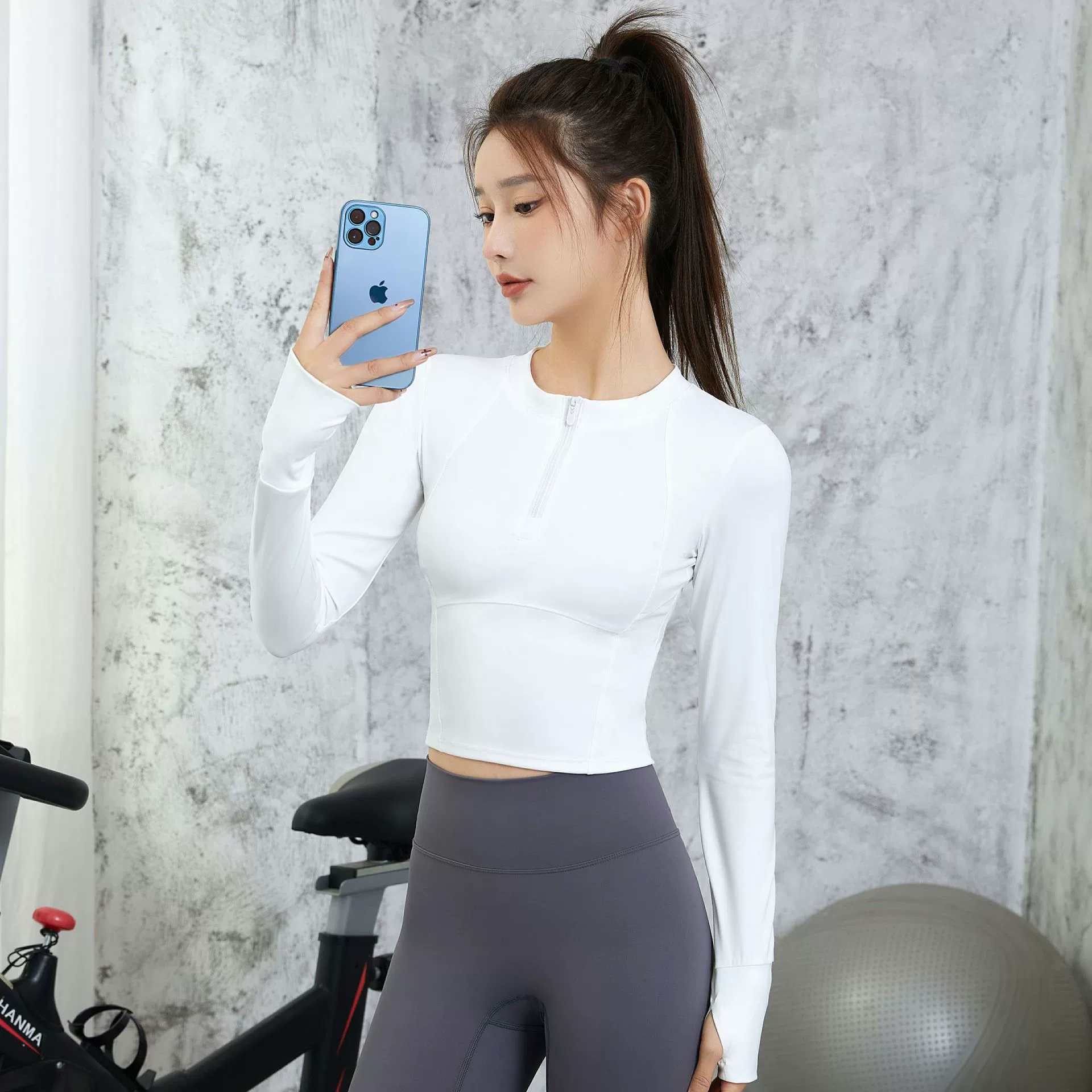 Эластичный топ для йоги с длинными рукавами для фитнеса для женщин, осенне-зимний облегающий спортивный свитшот для бега с половиной молнии.