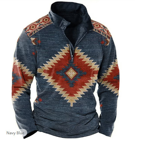 2023 transfronteriza europea y americana estilo étnico impreso 3D media cremallera manga larga polo