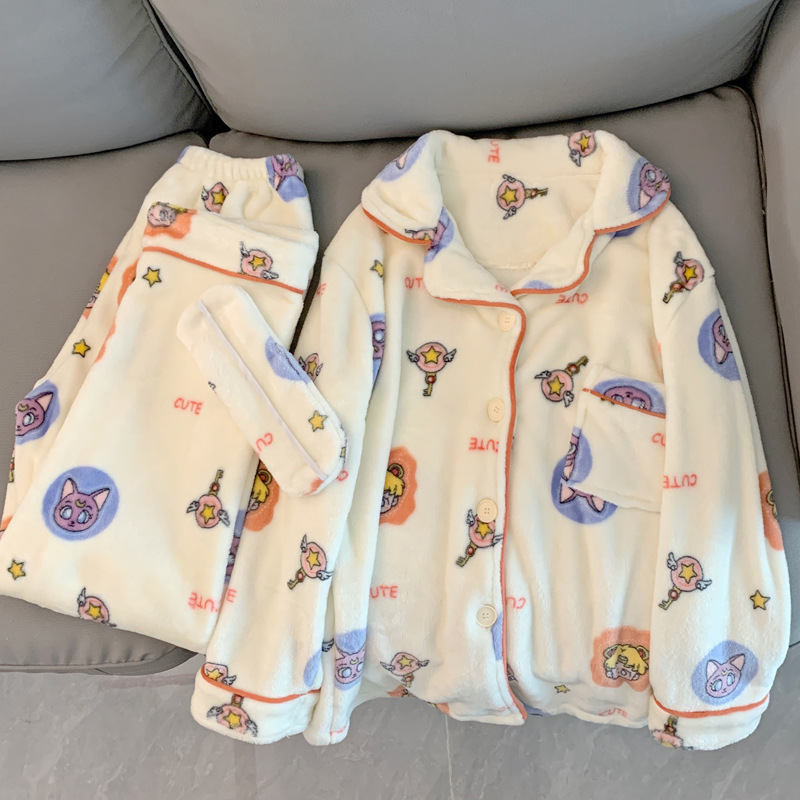 Japanese American Girl Warrior Luna Autumn and Winter Coral Fleece Long Sleeve Lapel Home Suit Two-Piece Set Real Shot Generation