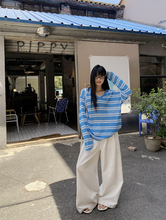 慵懒风V领长袖薄款防晒条纹T恤2025夏季新款宽松休闲百搭上衣女潮