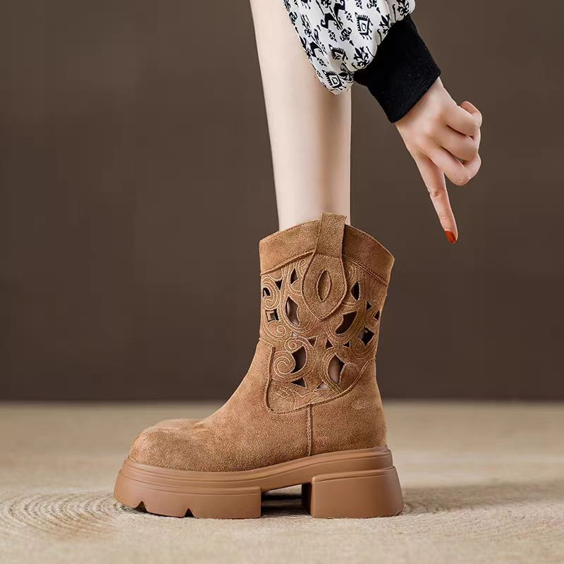 Thick-Soled Retro Cut Out Western Cowboy Short Boots 2025 New Breathable Heightening Sandals Autum Mid-Calf Boots
