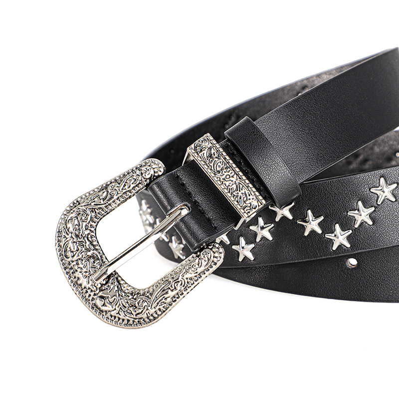 Herren- und Damengürtel Trend Pentagramm Niete Punk-Stil, Vintage geschnitzte Schnalle PU-Ledergürtel, Subkultur Rock Hip-Hop Y2k Gürtel – Detail 6