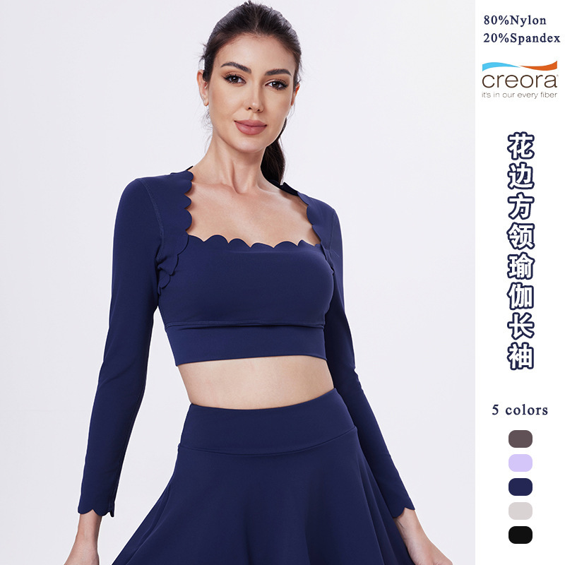 European and American Square-Neck Lace Tight-Fitting High-Elastic Slimming Yoga Sports Long-Sleeved Women's Running Quick-Drying Fitness Training Tops