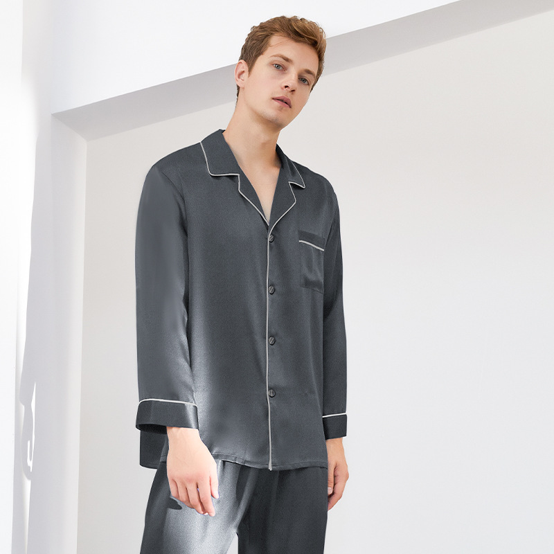 蝶刺繍シルクパジャマ男性長袖ズボン2点セットシルク家庭服100% 绢糸パジャマセット男性|undefined