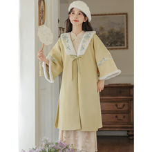 新中式女装秋冬加厚款黄绿色系带呢子大衣2025新款刺绣毛呢外套