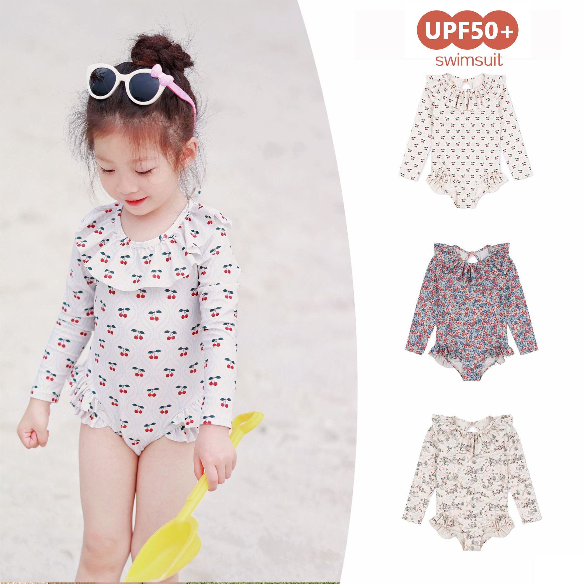 Girls' Swimsuit 2026 New Style Ks Print Sweet and Cute Girls' Swimsuit Summer Long-Sleeved One-Piece Sun Protection Swimsuit