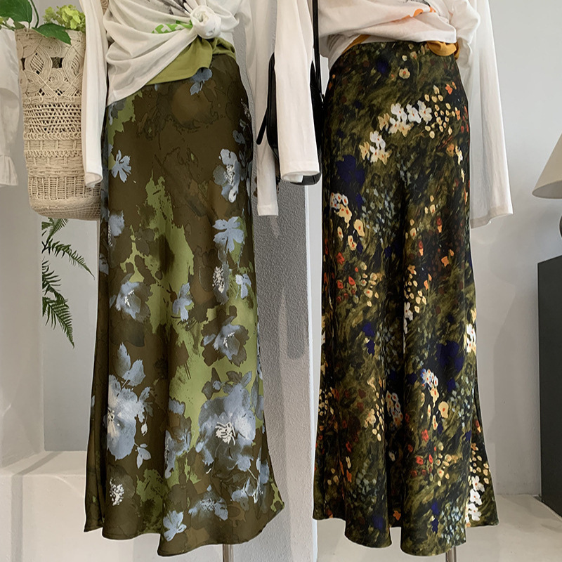 Kekezoon Acetate Satin Printed Skirt Summer High-Waisted Slimming Look Draped A-Line Fishtail Long Skirt for Women 7922 Kekezoon Acetate Satin Printed Skirt Summer High-Waisted Slimming Look Draped A-Line Fishtail Long Skirt for Women 7922