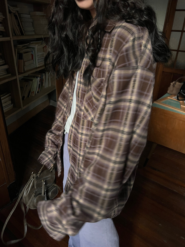 POXFFEE/【棕紫色】美拉德格子衬衫女秋季新款复古衬衣上衣|undefined