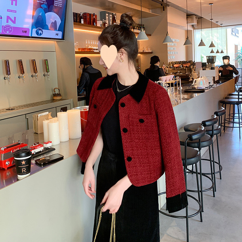 法式香風高級外套2025秋冬裝新款氣質名媛短款紅色毛呢上衣