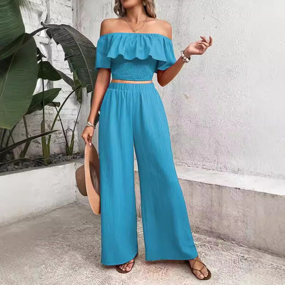 2024 Europe and the United States cross-border Amazon new casual solid color off-shoulder top tube top solid color wide leg pants