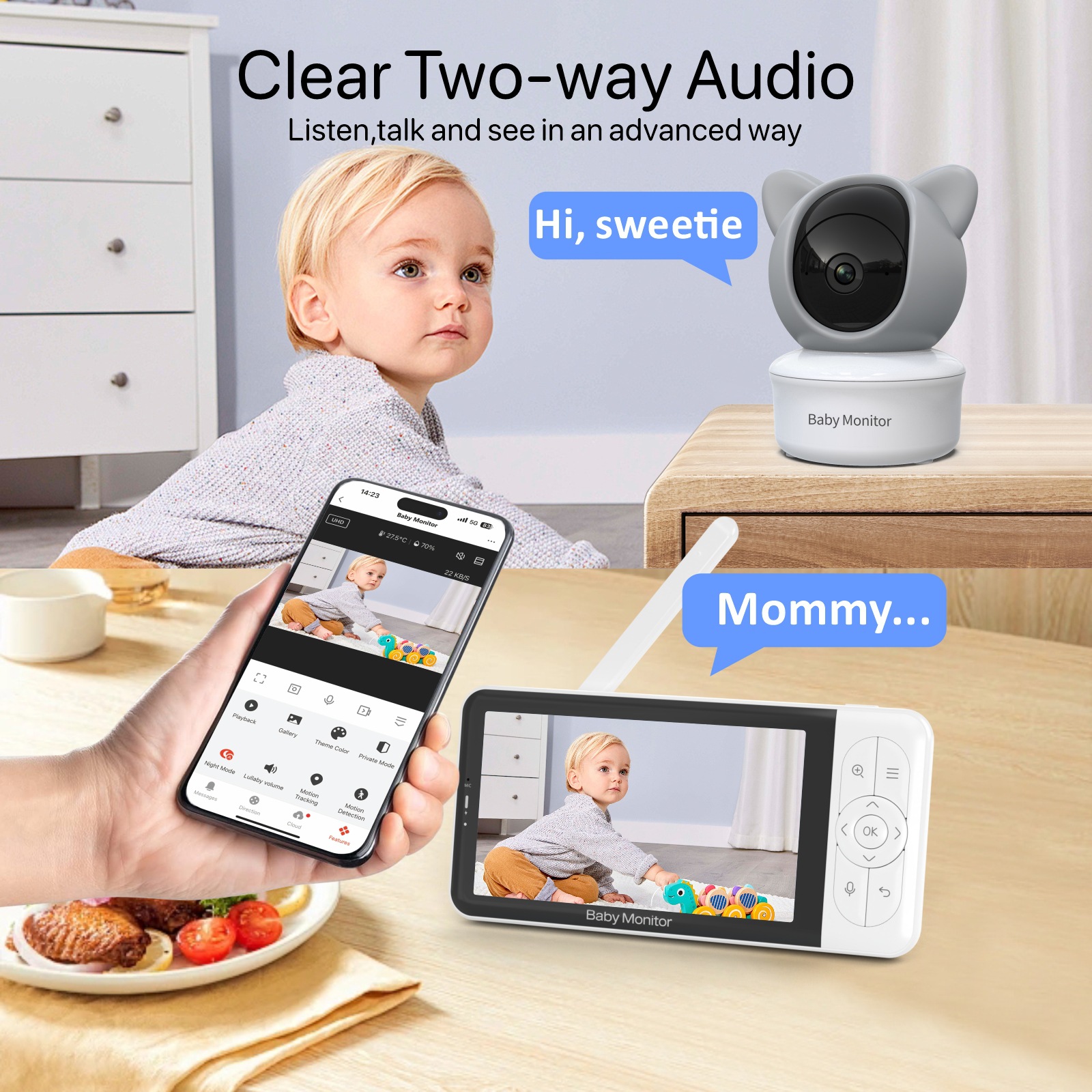 Fábrica de nuevo monitor para bebés de 5 pulgadas intercomunicación de visión nocturna inalámbrica wifi monitor para bebés babyymonitor