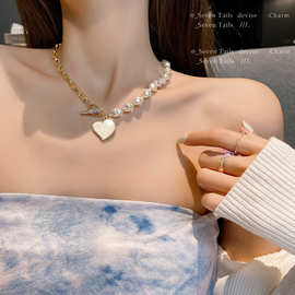 韩国东大门新款不对称珍珠爱心项链轻奢小众设计感锁骨颈链配饰女