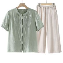 天丝麻套装刺绣衬衫女中式妈妈套装夏装夏季短袖上衣中老年女装