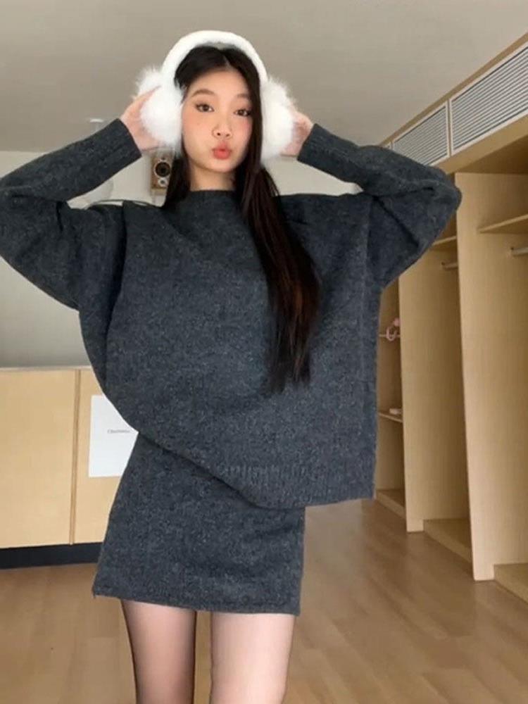 灰色针织套装连衣裙子女2025新款秋chic韩系氛围穿搭一整套装短裙