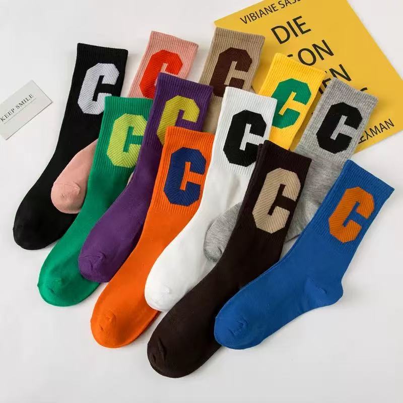 Women's Mid-Calf Socks, Trendy Korean and Japanese Style, Spring and Autumn, Large C Letter Design, Colorful Socks Wholesale Women's Mid-Calf Socks, Trendy Korean and Japanese Style, Spring and Autumn, Large C Letter Design, Colorful Socks Wholesale