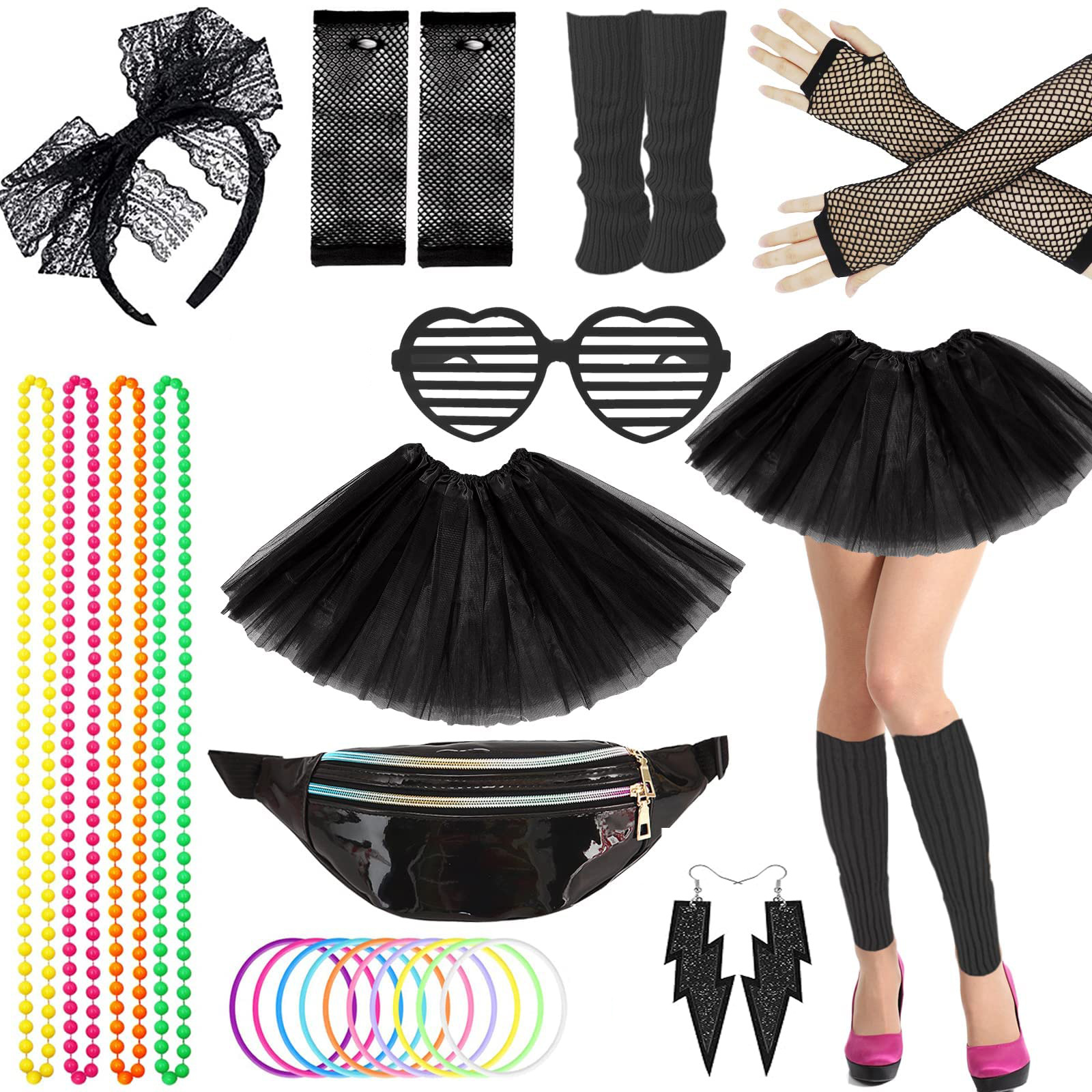 1980s fiesta de baile fiesta fiesta de color neón diadema diadema aretes red de pesca guantes piernas conjunto cálido conjunto de falda tutu
