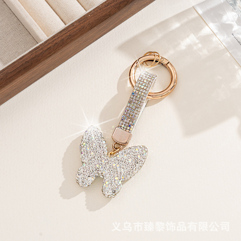 ダイヤモンドがちりばめられた粘土蝶車のキーホルダー金属かわいい女性のバッグペンダントキーチェーンリングダイヤモンドロープレザーロープギフト|undefined