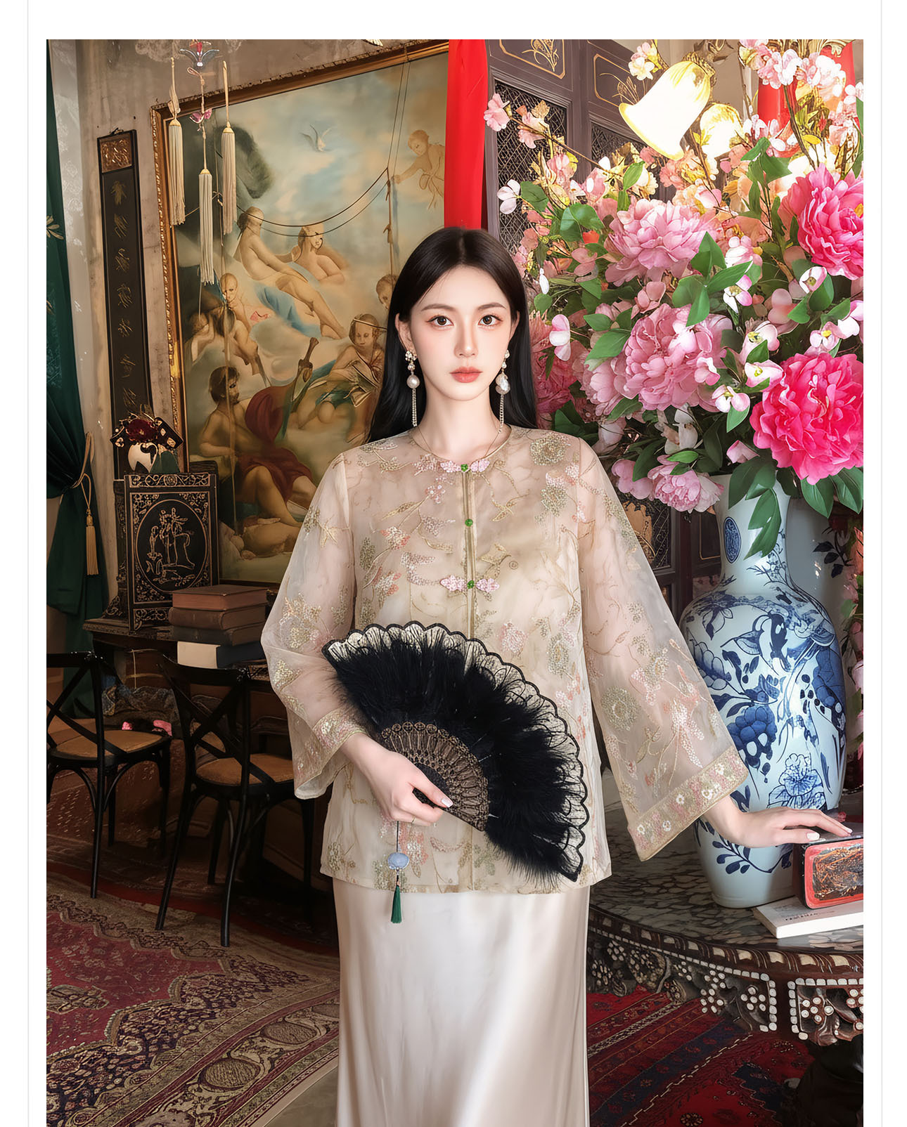 Áo khoác nữ thêu hoa tay phối ngọc trai cổ đứng tay lỡ phong cách Tân Trung Hoa — màu mơ chi tiết 6