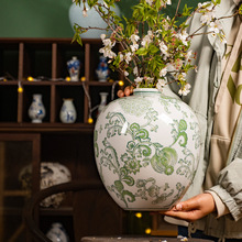 绿色长尾鸟半手绘花瓶田园风陶瓷花器客厅水培插花高级感装饰品