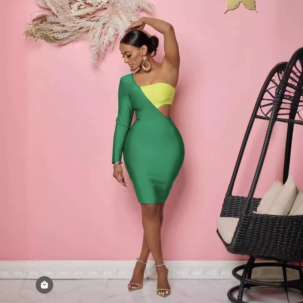 2023 трансграничный новый продукт, зеленая и желтая бандажная юбка, европейская и американская мода, сексуальное тонкое вечернее платье на одно плечо с рукавами