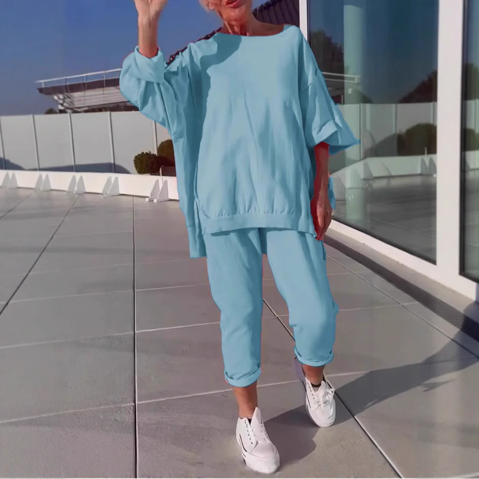 Women's Casual Solid Color Round Neck Long Sleeve Top And Sports Pants Set_ecoleips.com