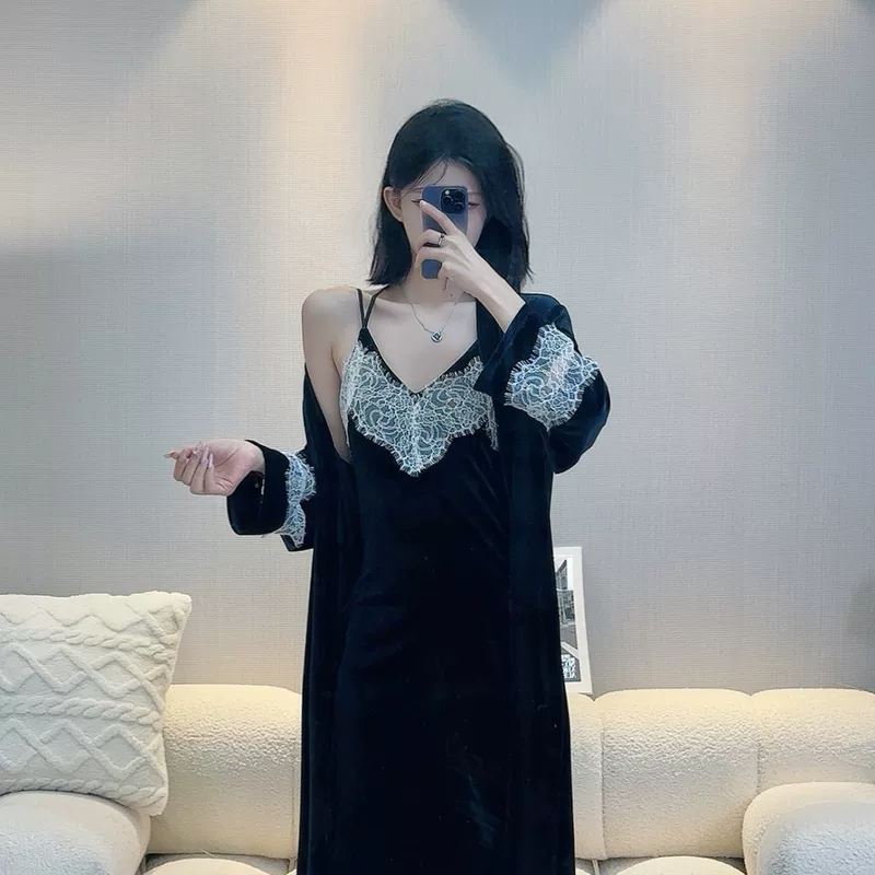 Осенние бархатные кружевные пижамы для ресниц, sexy банная халат, комплект, кружевное платье, утягивающий эффект