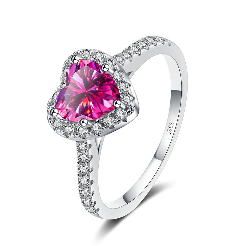 925 anillo de diamante rosa en forma de corazón de plata Europa y América 1 quilates de diamantes de diamante de diamantes de diamantes de mosaico
