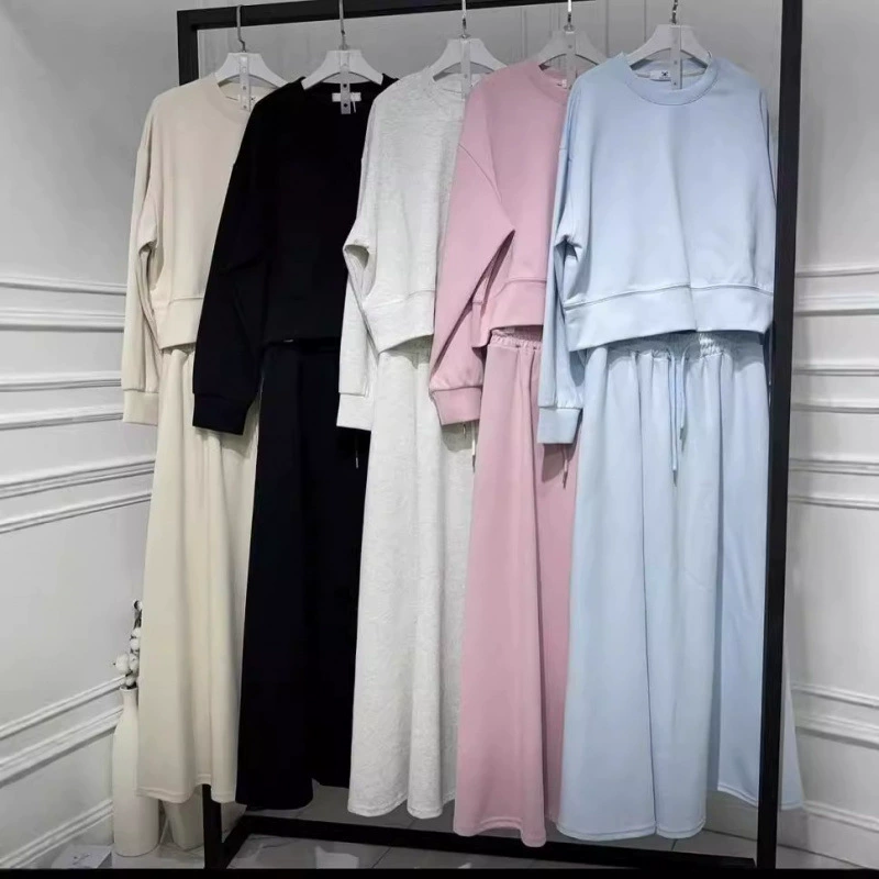 2025 новая весна трансграничная европейская и американская внешняя торговля женская одежда сплошной цвет трикотажный круглый воротник с длинными рукавами Юбка Юбка Модный набор