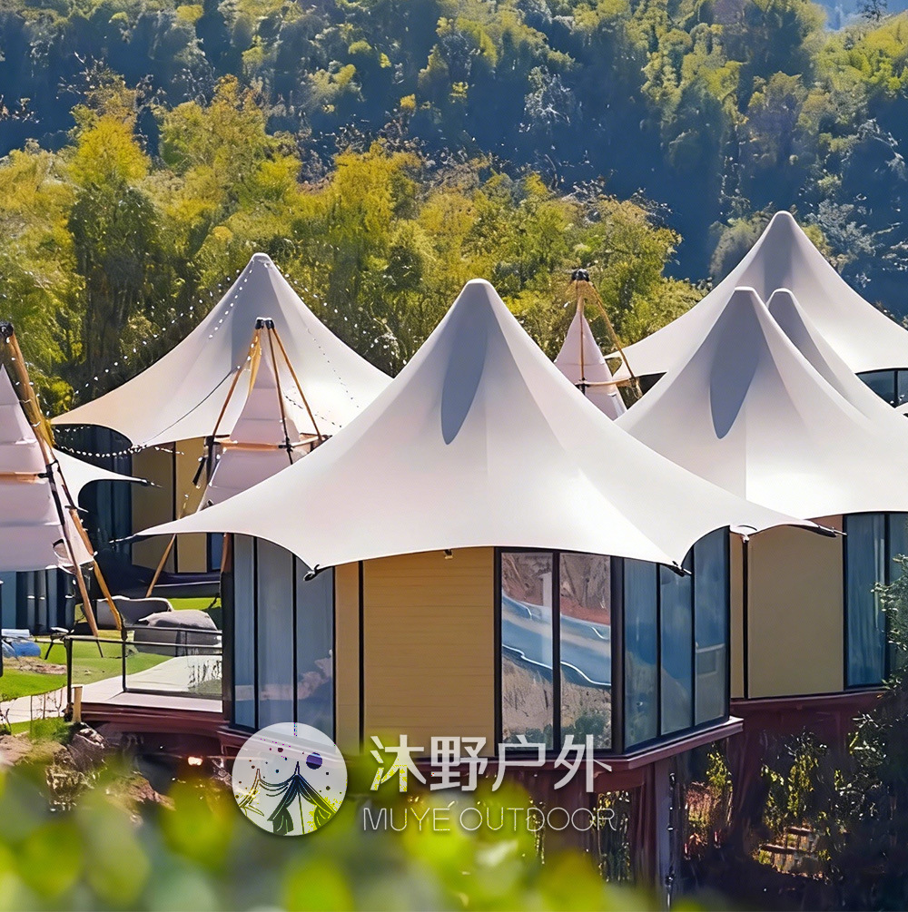 Muye al aire libre estructura de membrana monomodal tensión carpa de membrana gran campamento hotel de lujo campamento escénico tienda de campaña hotel